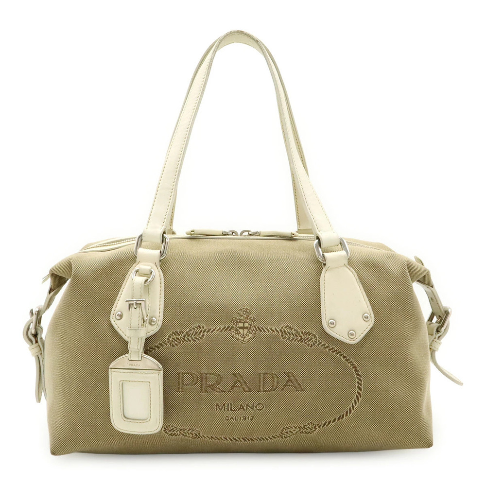 Prada jacquard tote bag shoulder Hobo canvas leather Beige Cream ivory white